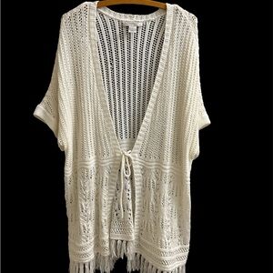CJ Banks Size 1X Open Knit Short-Sleeve Front Tie White Cardigan Office